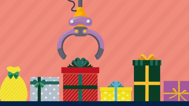 Illustration of a conveyor belt lined with brightly decorated gifts adorned with bows and ribbons. A large grabber, similar to the fairground game, reaches down and is lined up to pick up one of the presents.