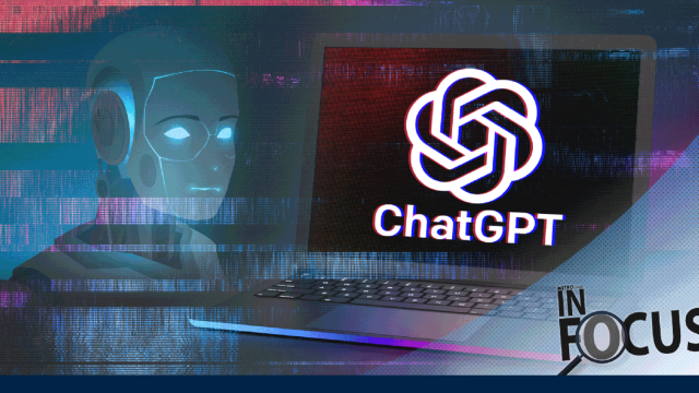 Image shows a digitally produced graphic of an AI computer persona and a compter monitor showing the ChatGPT logo. The logo "In Focus" is shown at the bottom right of the image.