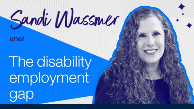 Image taken from the article which depicts Sandi in a sepia tone with her name in script and text reading "The disability employment gap" underneath