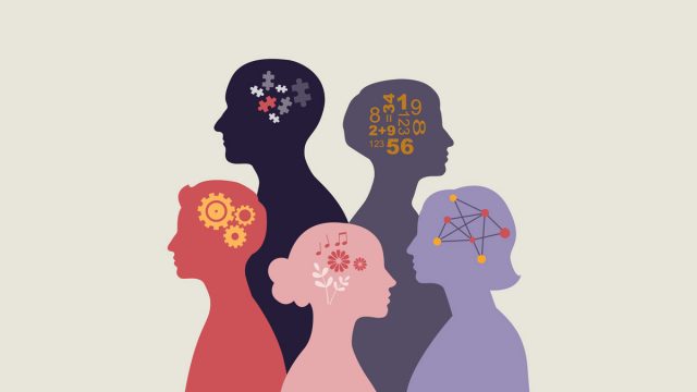 Image of five coloured silhouettes of people with various symbols in the head area, symbolic of neurodiversity.