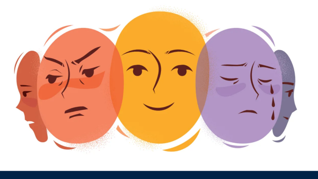 Image shows an illustration of a carousel of faces in various colours, each one depicting a different emotion. The ones visible appear to show anger, happiness, and sadness.