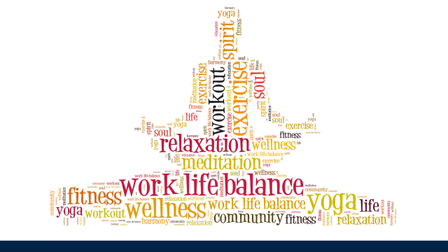 A wordcloud in the shape of a person in a yoga pose. The wordcloud is made up of words like Work and Life and Balance as the main focus.