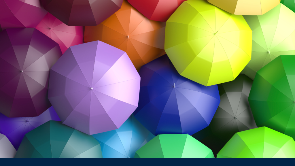 A colourful array of open umbrellas viewed from above, featuring shades of pink, purple, blue, green, yellow, orange, and brown, symbolising cultural diversity and racial harmony