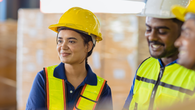 The image shows three people, one female, wearing hard hats and safety vests, standing in what appears to be an industrial or warehouse setting.