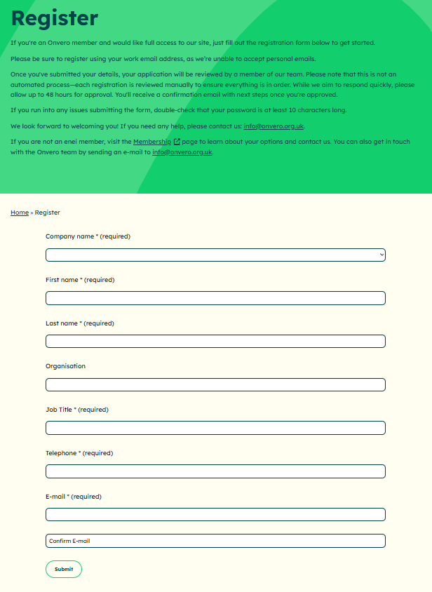 Screenshot of the page where members can register for access to the members area.