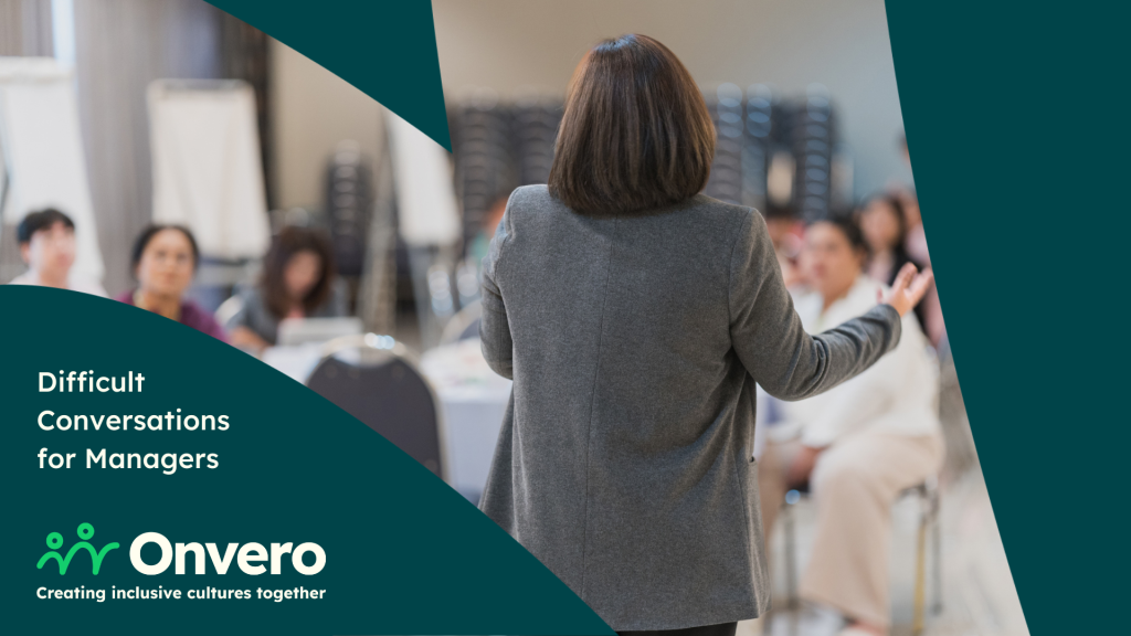 Image shows a room with a trainer shown from behind, addressing a group of people in business clothing. The image is overlaid with a teal graphic with the Onvero logo and the name of the training course.
