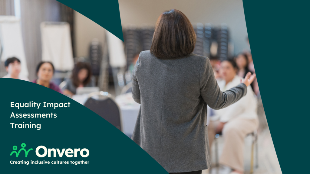 Image shows a room with a trainer shown from behind, addressing a group of people in business clothing. The image is overlaid with a teal graphic with the Onvero logo and the name of the training course.