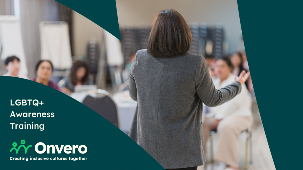 Image shows a room with a trainer shown from behind, addressing a group of people in business clothing. The image is overlaid with a teal graphic with the Onvero logo and the name of the training course.