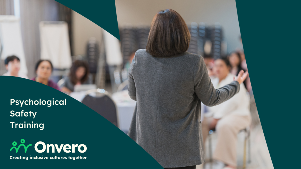 Image shows a room with a trainer shown from behind, addressing a group of people in business clothing. The image is overlaid with a teal graphic with the Onvero logo and the name of the training course.